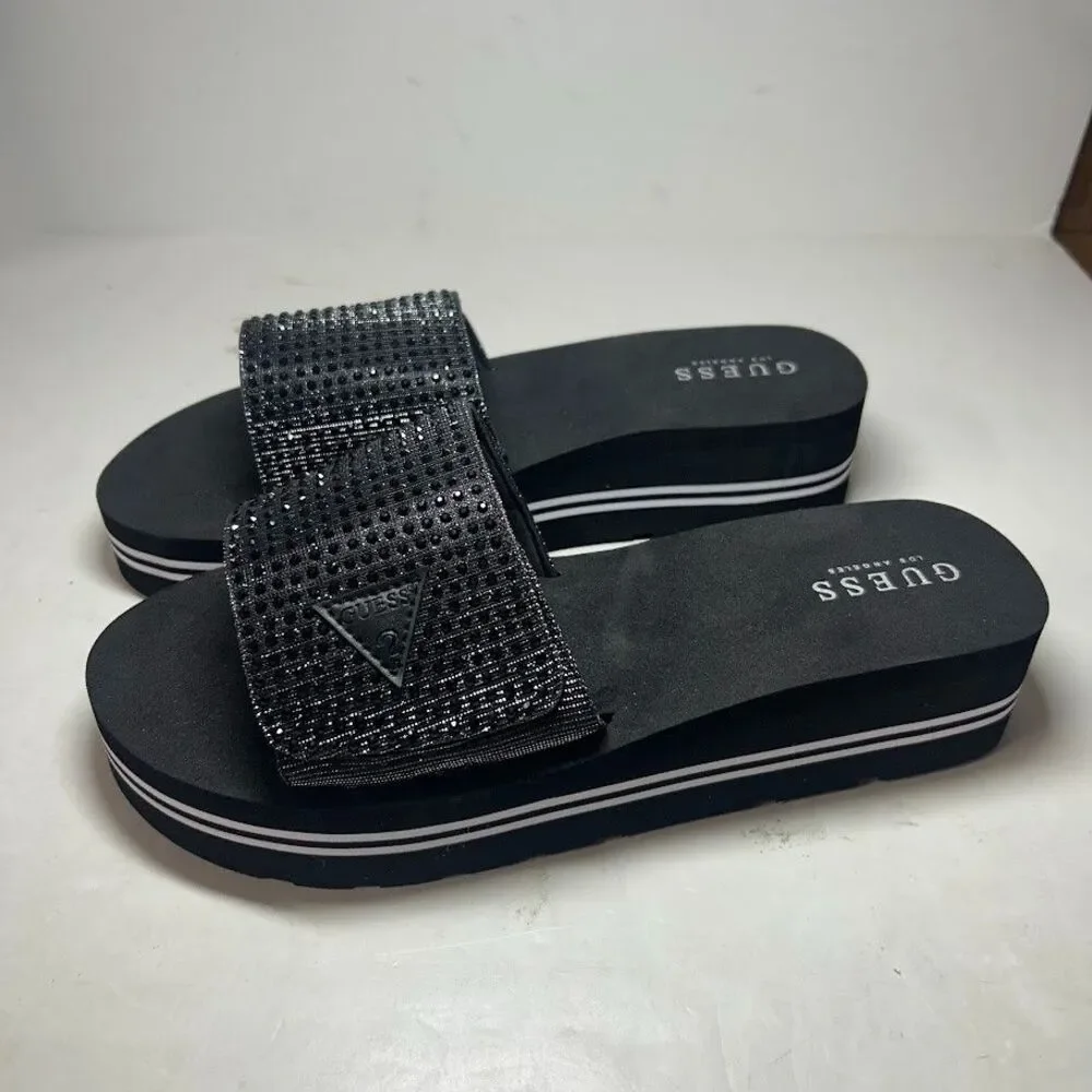 GUESS Womens 10 M Black Rhinestone Abet Open Toe Platform Slide Sandals NEW FC2